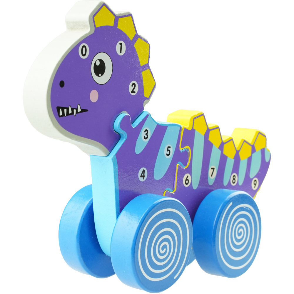 Drewniana zabawka 3D Dinozaur na kółka do ciągnięcia